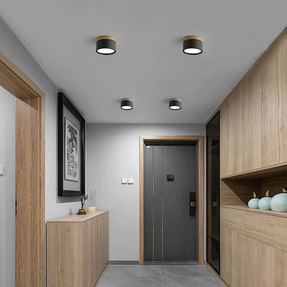 Compact LED Flush Mount Ceiling Light Fixture Wood & Metal Accent for Entryway Hallway Bedroom Kitchen 5W 7W Surface Mount Minimalist Modern