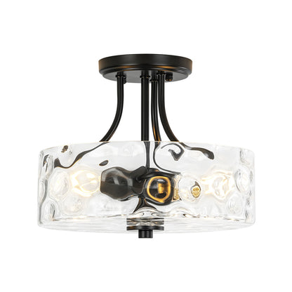 Textured Glass Semi-Flush Ceiling Light 12 Inch Round Drum for Bedrooms Bathrooms Hallways Entryways Compact Spaces Two Bulb Metal Frame Mod