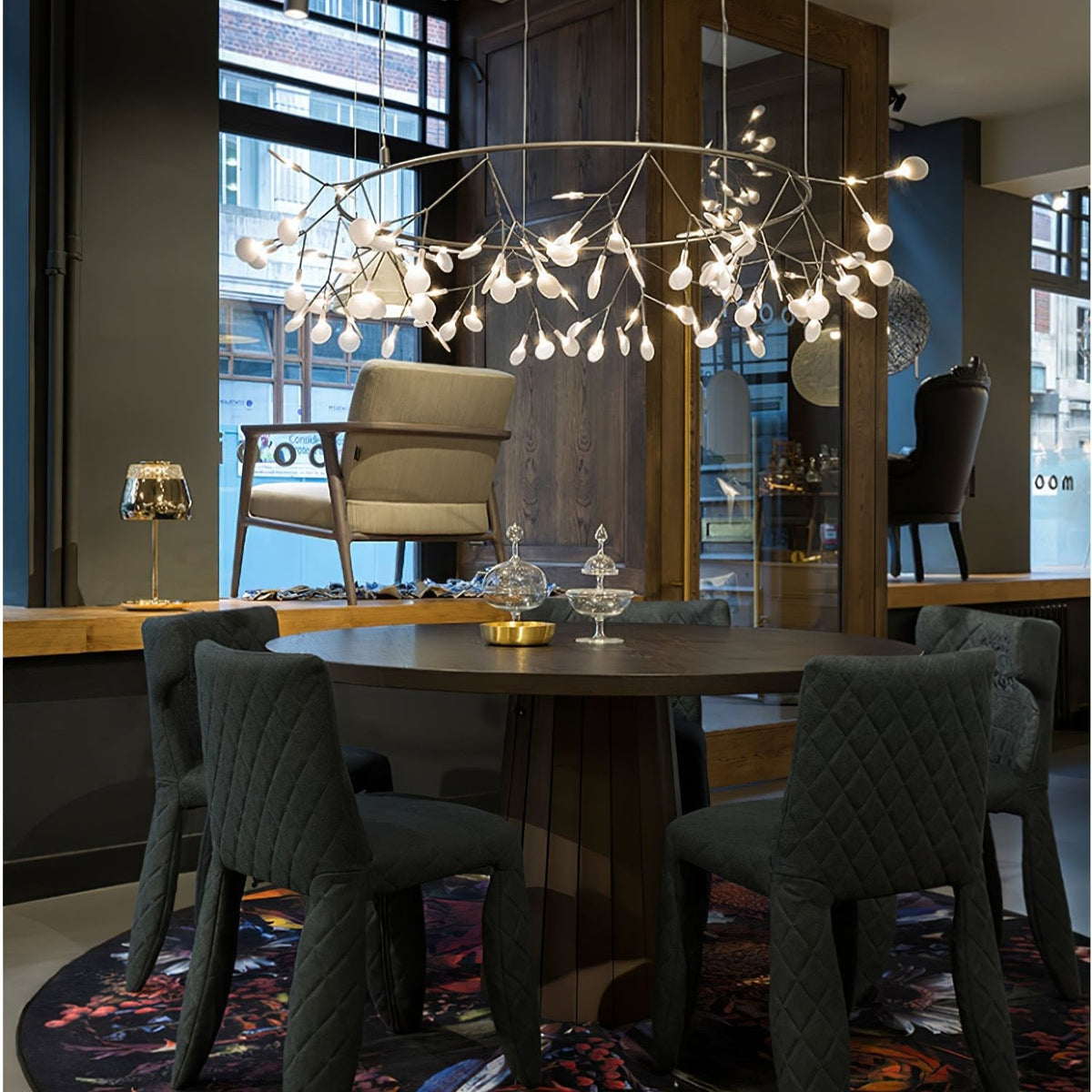 Branching LED Chandelier with Acrylic Petals Black Finish 20W Integrated Light Dimmable Remote Option Modern Statement Fixture Indoor Living