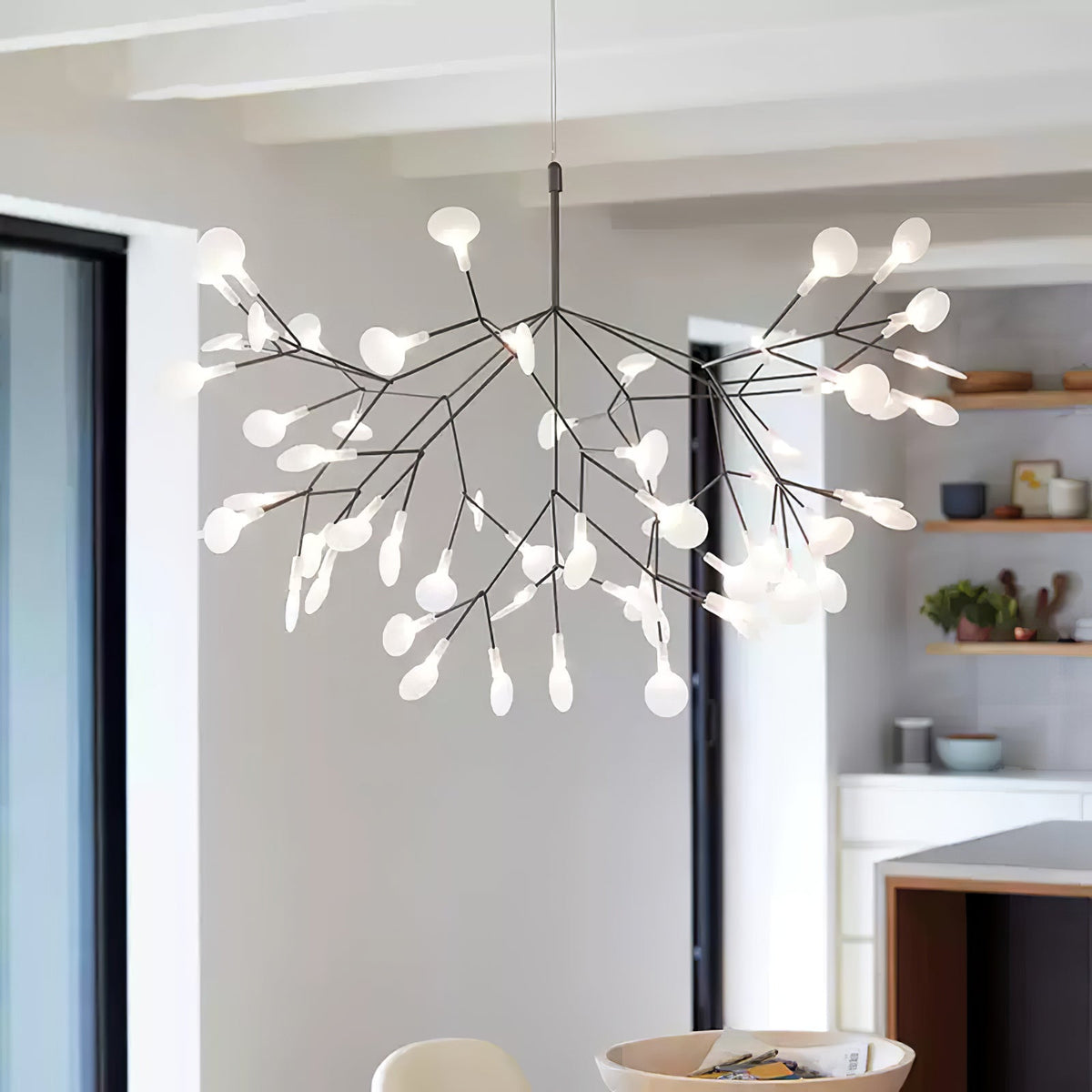 Branching LED Chandelier with Acrylic Petals Black Finish 20W Integrated Light Dimmable Remote Option Modern Statement Fixture Indoor Living