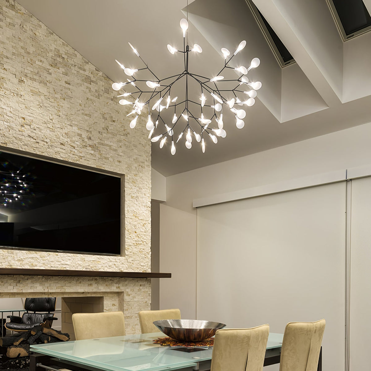 Branching LED Chandelier with Acrylic Petals Black Finish 20W Integrated Light Dimmable Remote Option Modern Statement Fixture Indoor Living