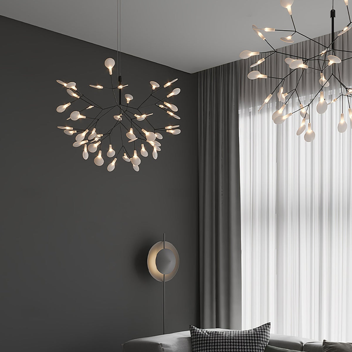 Branching LED Chandelier with Acrylic Petals Black Finish 20W Integrated Light Dimmable Remote Option Modern Statement Fixture Indoor Living