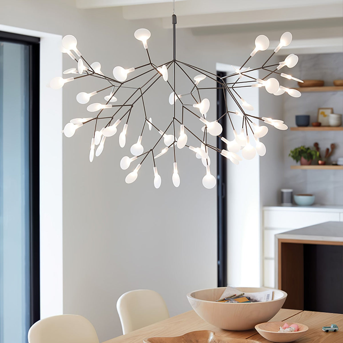 Branching LED Chandelier with Acrylic Petals Black Finish 20W Integrated Light Dimmable Remote Option Modern Statement Fixture Indoor Living