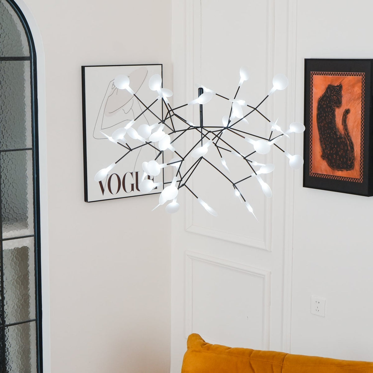 Branching LED Chandelier with Acrylic Petals Black Finish 20W Integrated Light Dimmable Remote Option Modern Statement Fixture Indoor Living
