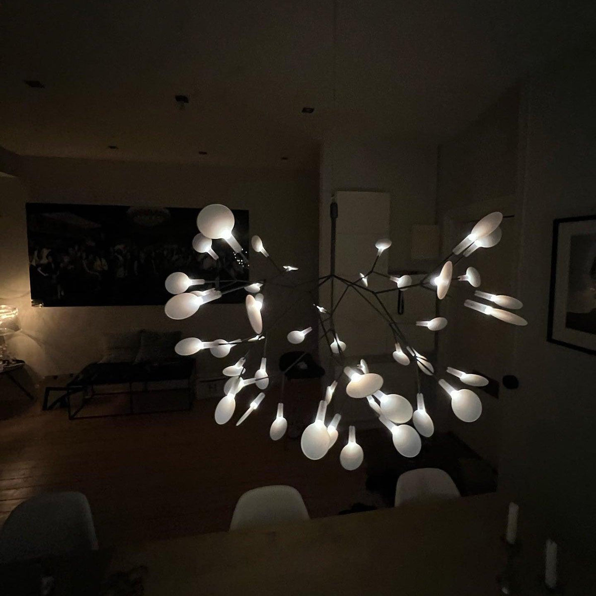 Branching LED Chandelier with Acrylic Petals Black Finish 20W Integrated Light Dimmable Remote Option Modern Statement Fixture Indoor Living