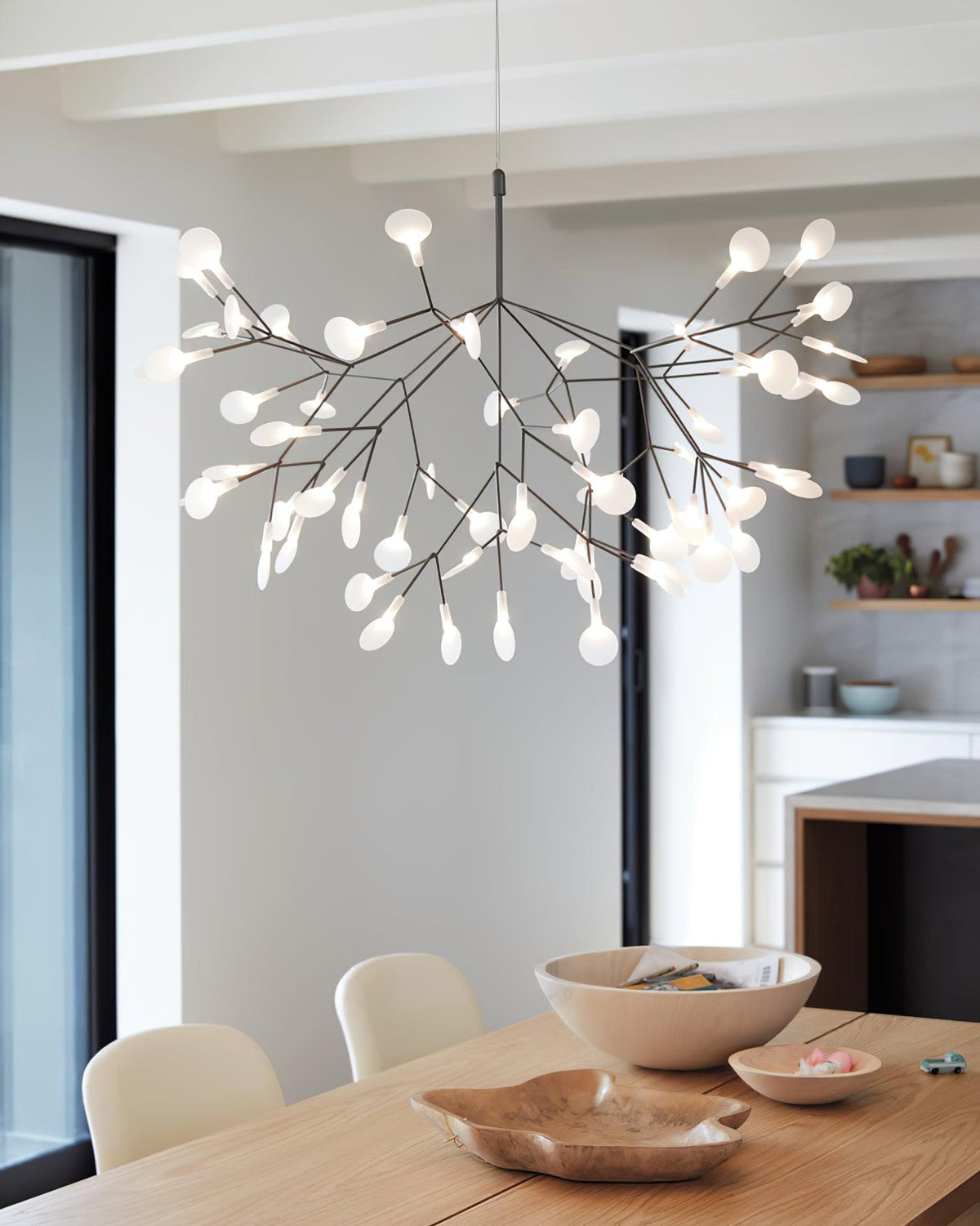 Branching LED Chandelier with Acrylic Petals Black Finish 20W Integrated Light Dimmable Remote Option Modern Statement Fixture Indoor Living