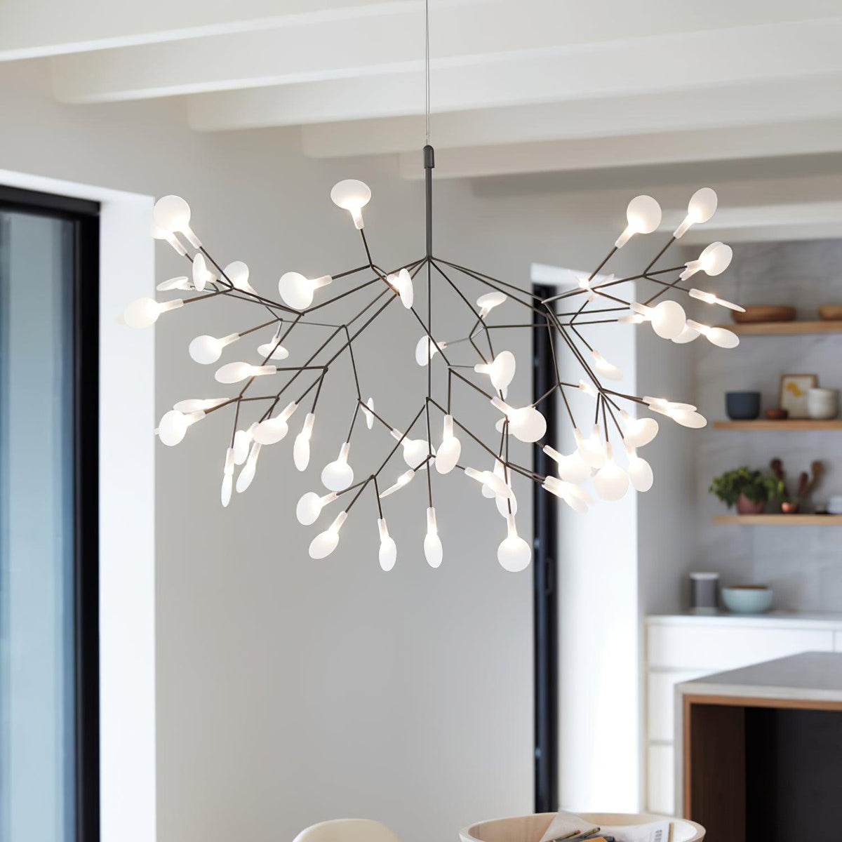 Branching LED Chandelier with Acrylic Petals Black Finish 20W Integrated Light Dimmable Remote Option Modern Statement Fixture Indoor Living