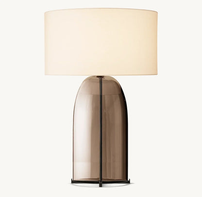 Amber Glass Table Lamp with Oval Linen Shade | Mid-Century Modern Lighting for Bedroom Living Room Nightstand | Handcrafted Flame-Polished