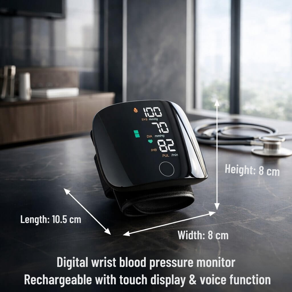Rechargeable Wrist Blood Pressure Monitor with Voice Readout and Touch Screen for Home Health Tracking