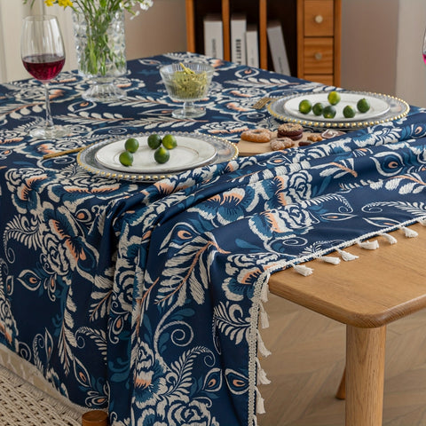 Pavo Floral Tablecloth - Microfiber Polyester, Tassel Trimmed
