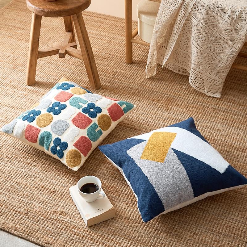 Boho Throw Pillow with Abstract Embroidery – Soft Decorative Cushion in Earth Tones