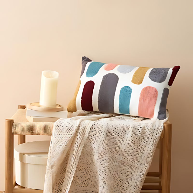 Boho Throw Pillow with Abstract Embroidery – Soft Decorative Cushion in Earth Tones