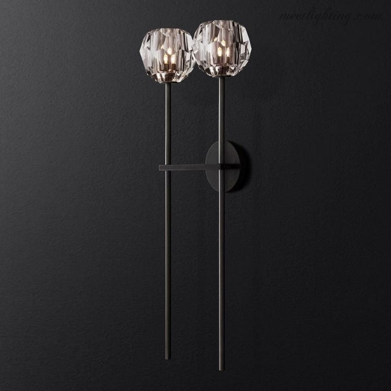 Crystal Globe Double Sconce Wall Light in Brass or Nickel – Two-Bulb Fixture for Living Room & Hallway