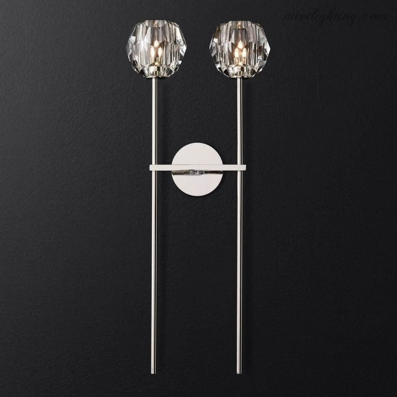 Crystal Globe Double Sconce Wall Light in Brass or Nickel – Two-Bulb Fixture for Living Room & Hallway