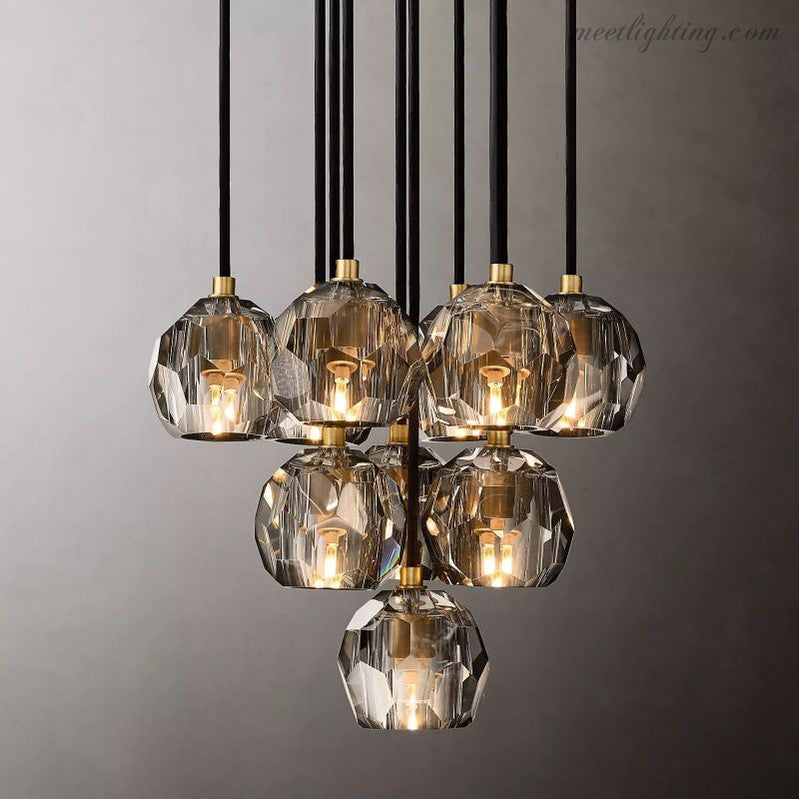 10-Light Crystal Globe Cluster Chandelier 14 Inch Dining Room Foyer Entryway Ceiling Fixture Adjustable Height Brass Nickel Black