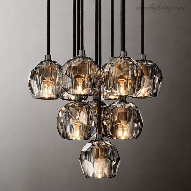 10-Light Crystal Globe Cluster Chandelier 14 Inch Dining Room Foyer Entryway Ceiling Fixture Adjustable Height Brass Nickel Black