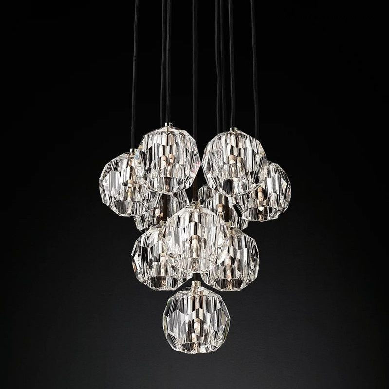 10-Light Crystal Globe Cluster Chandelier 14 Inch Dining Room Foyer Entryway Ceiling Fixture Adjustable Height Brass Nickel Black