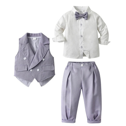 Boys Formal 3-Piece Suit Set with Shirt, Vest, Pants & Bow Tie for Weddings, Parties, Special Occasions | Toddler Kids Dress Outfit