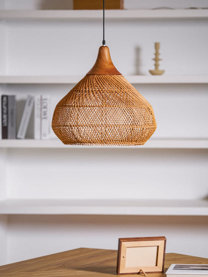 Handwoven Rattan Ceiling Light Fixture for Dining Room and Kitchen Island Over Table Adjustable Drop Natural Fiber Pendant Shade Wood Metal