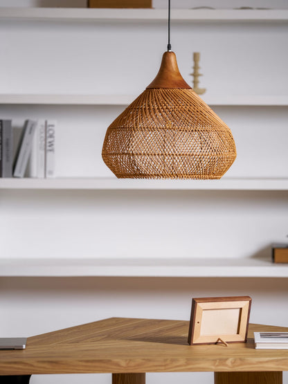 Handwoven Rattan Ceiling Light Fixture for Dining Room and Kitchen Island Over Table Adjustable Drop Natural Fiber Pendant Shade Wood Metal