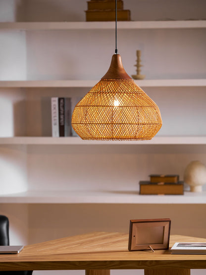 Handwoven Rattan Ceiling Light Fixture for Dining Room and Kitchen Island Over Table Adjustable Drop Natural Fiber Pendant Shade Wood Metal