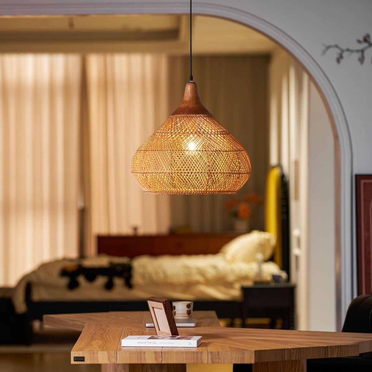 Handwoven Rattan Ceiling Light Fixture for Dining Room and Kitchen Island Over Table Adjustable Drop Natural Fiber Pendant Shade Wood Metal