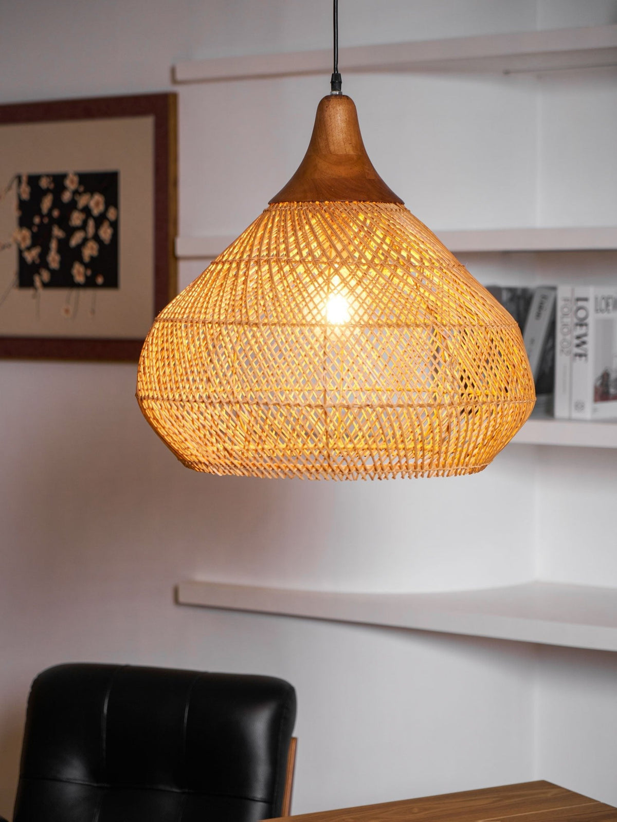 Handwoven Rattan Ceiling Light Fixture for Dining Room and Kitchen Island Over Table Adjustable Drop Natural Fiber Pendant Shade Wood Metal