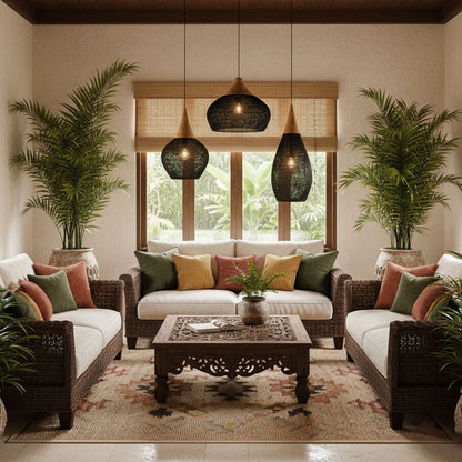 Handwoven Rattan Ceiling Light Fixture for Dining Room and Kitchen Island Over Table Adjustable Drop Natural Fiber Pendant Shade Wood Metal