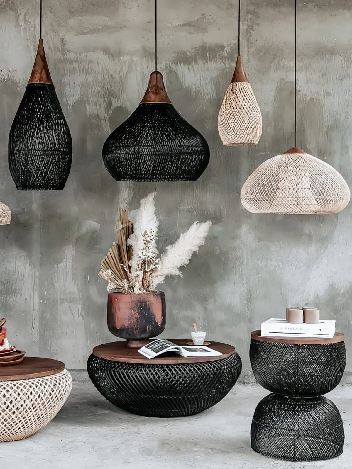 Handwoven Rattan Ceiling Light Fixture for Dining Room and Kitchen Island Over Table Adjustable Drop Natural Fiber Pendant Shade Wood Metal