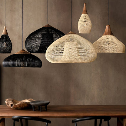 Handwoven Rattan Ceiling Light Fixture for Dining Room and Kitchen Island Over Table Adjustable Drop Natural Fiber Pendant Shade Wood Metal