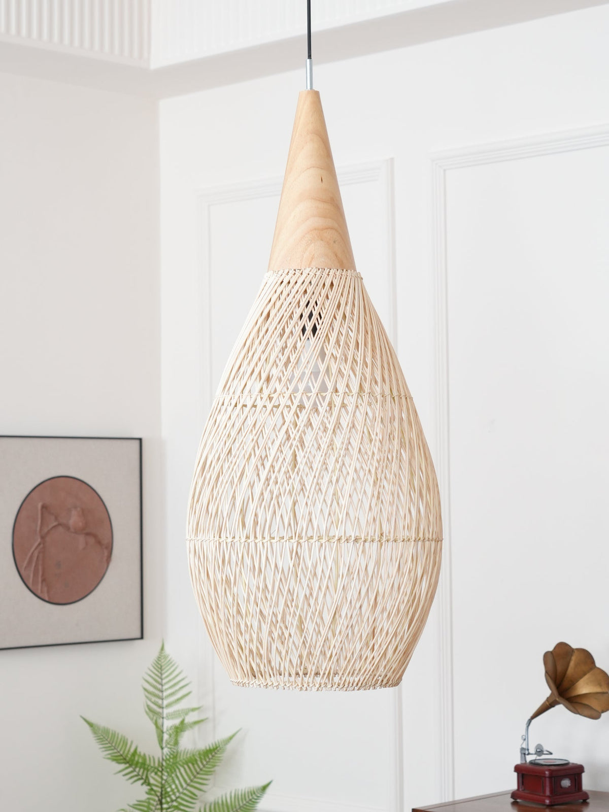 Handwoven Rattan Ceiling Light Fixture for Dining Room and Kitchen Island Over Table Adjustable Drop Natural Fiber Pendant Shade Wood Metal