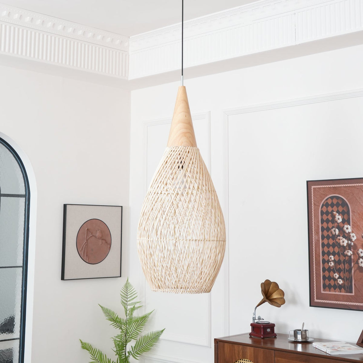 Handwoven Rattan Ceiling Light Fixture for Dining Room and Kitchen Island Over Table Adjustable Drop Natural Fiber Pendant Shade Wood Metal