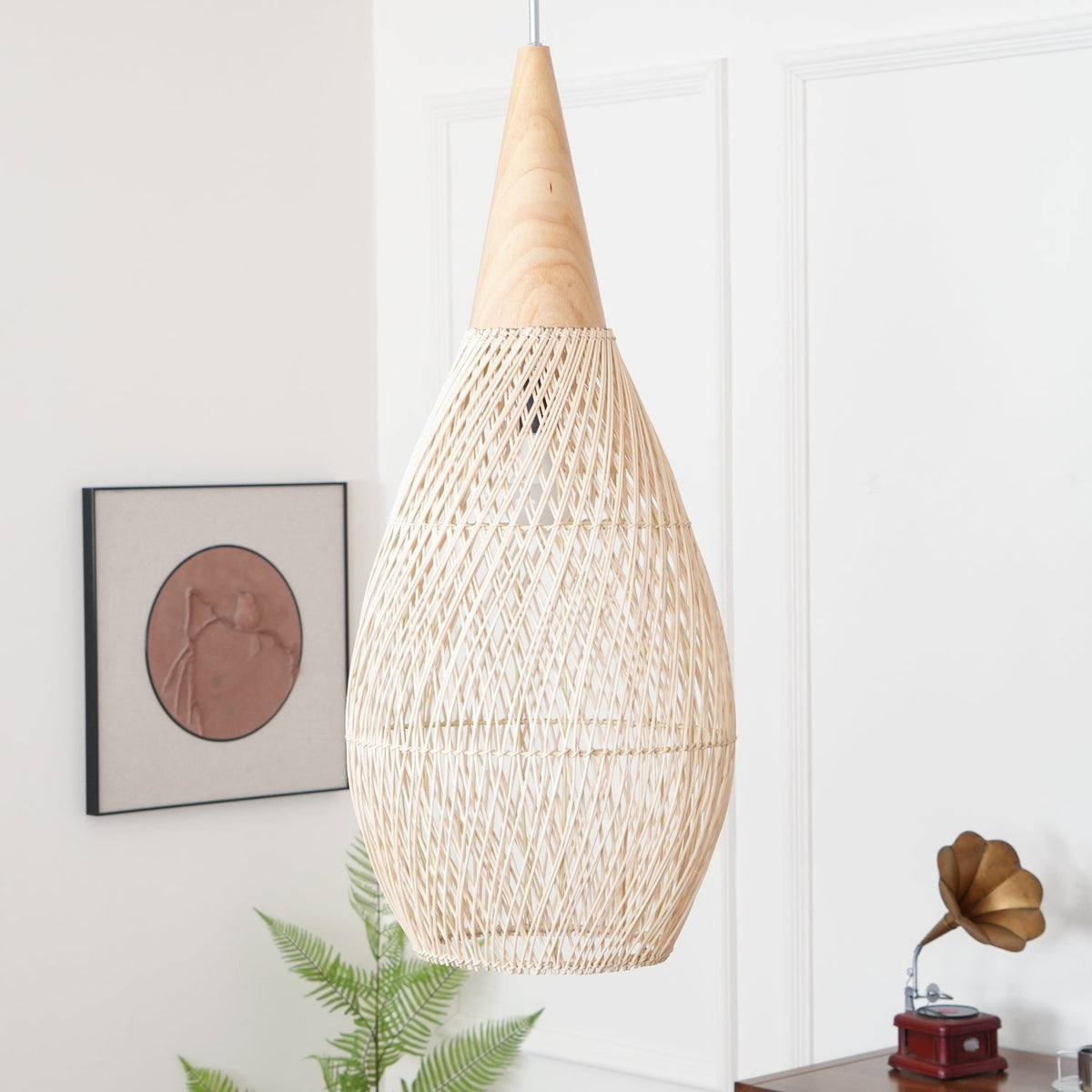 Handwoven Rattan Ceiling Light Fixture for Dining Room and Kitchen Island Over Table Adjustable Drop Natural Fiber Pendant Shade Wood Metal