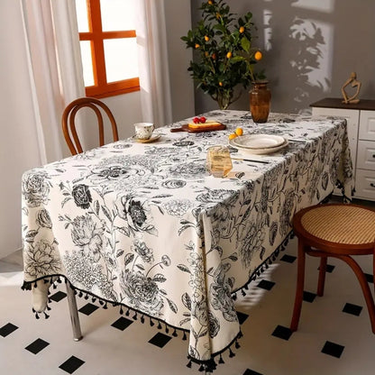 Brielle Custom Tablecloth - Cotton Polyester Blend, Floral Tassels