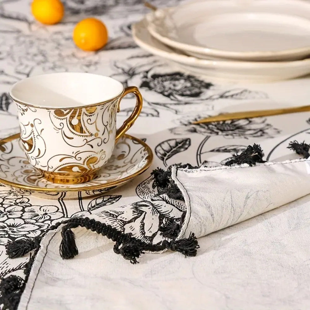 Brielle Custom Tablecloth - Cotton Polyester Blend, Floral Tassels