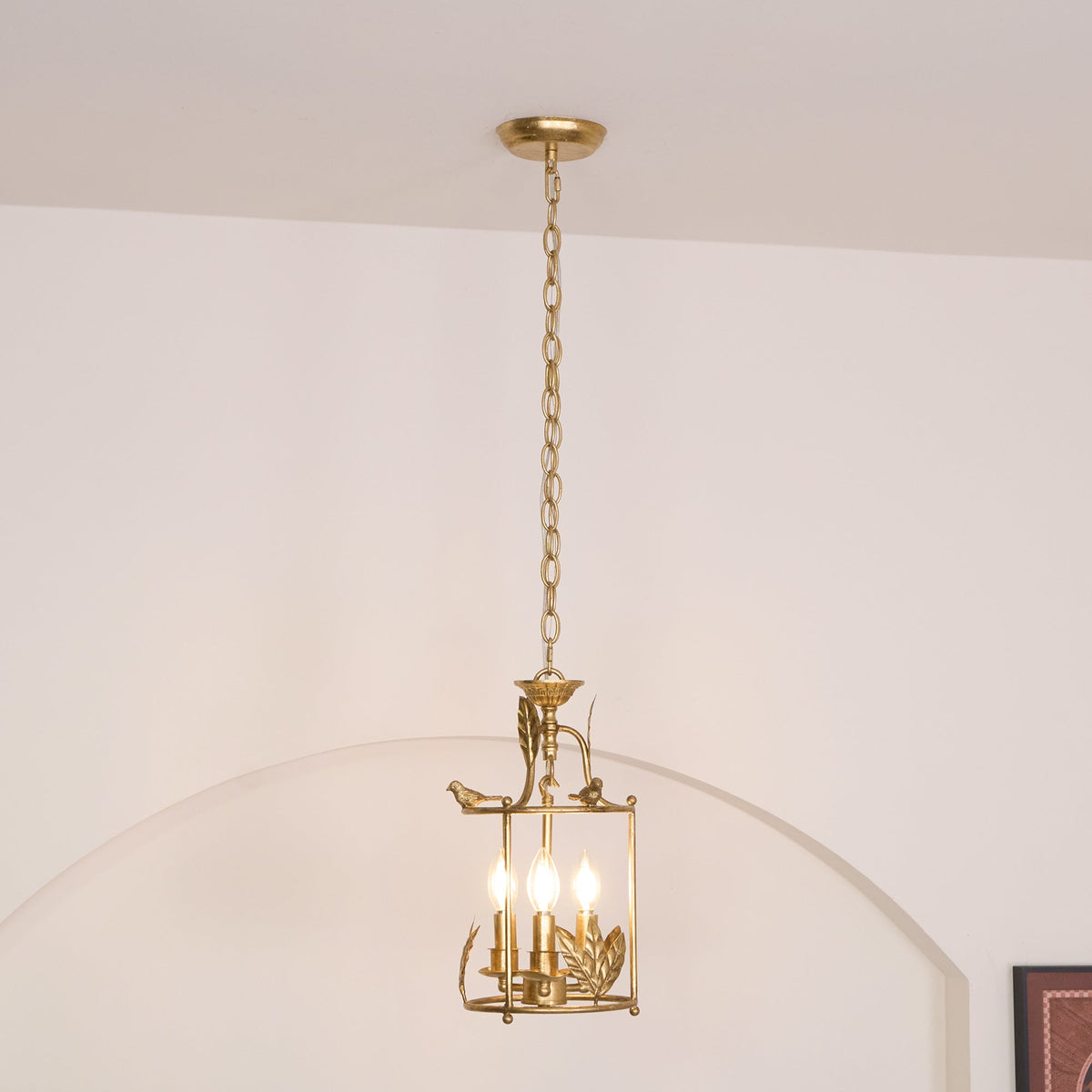 Metal Lantern Ceiling Light 10-Inch Hanging Fixture with Bird Motif for Dining Room Entryway Vintage-Style Chain Suspension