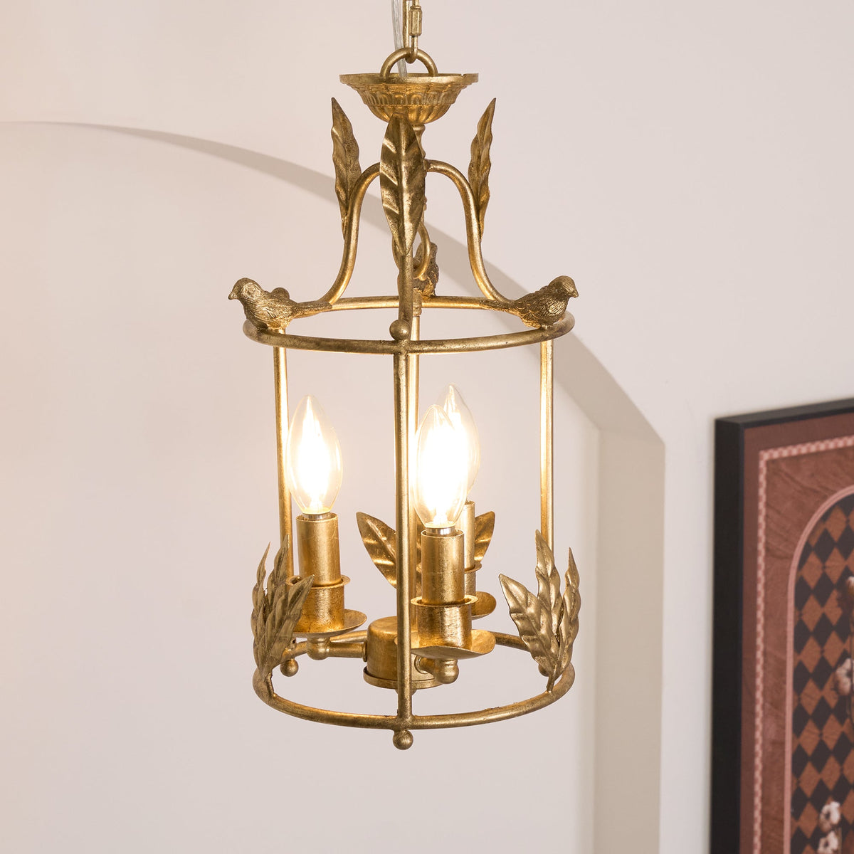 Metal Lantern Ceiling Light 10-Inch Hanging Fixture with Bird Motif for Dining Room Entryway Vintage-Style Chain Suspension