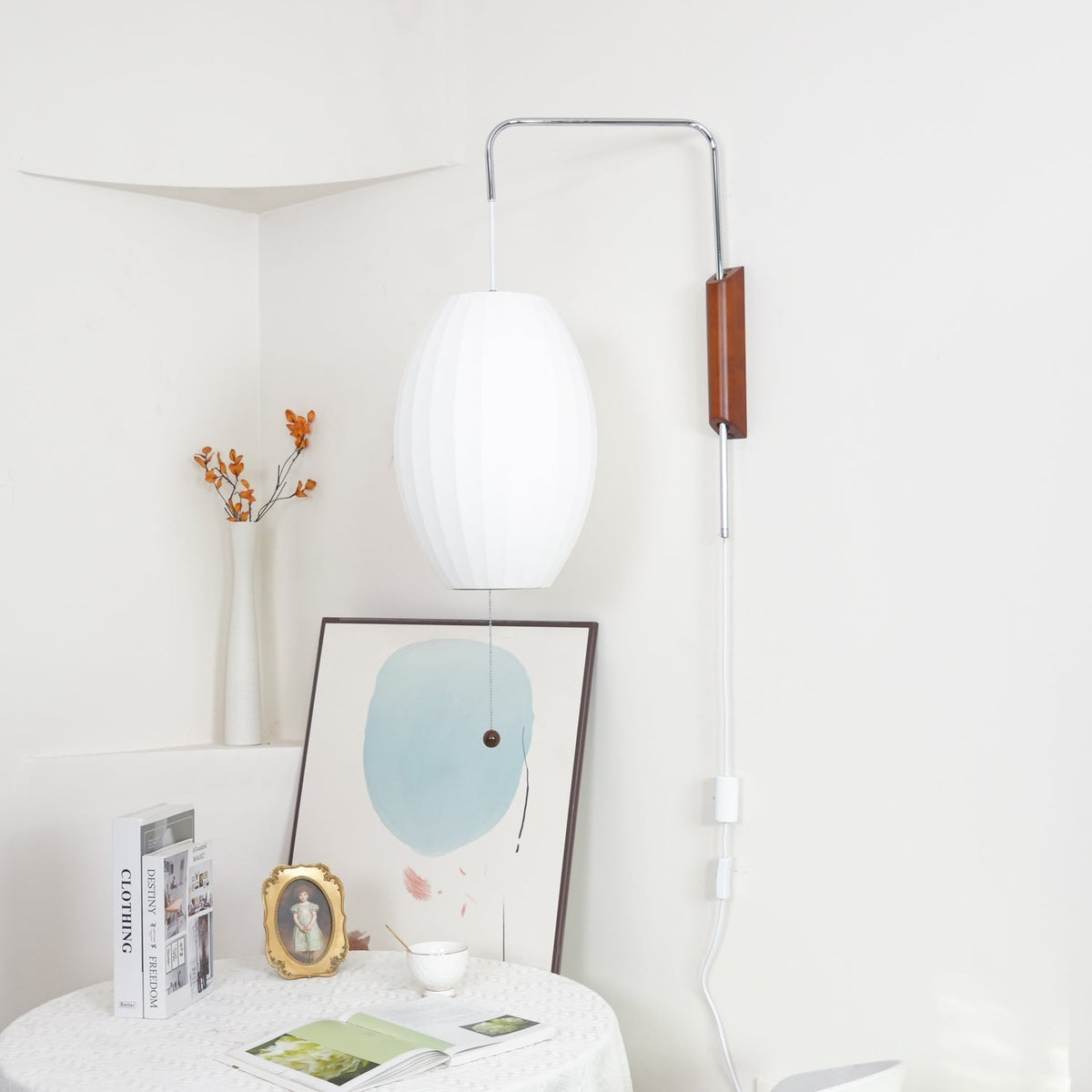 Swivel Sphere Wall Light with Adjustable Cord 15.7 in Walnut Chrome Finish Plug-In LED Sconce for Bedroom Office Living Room