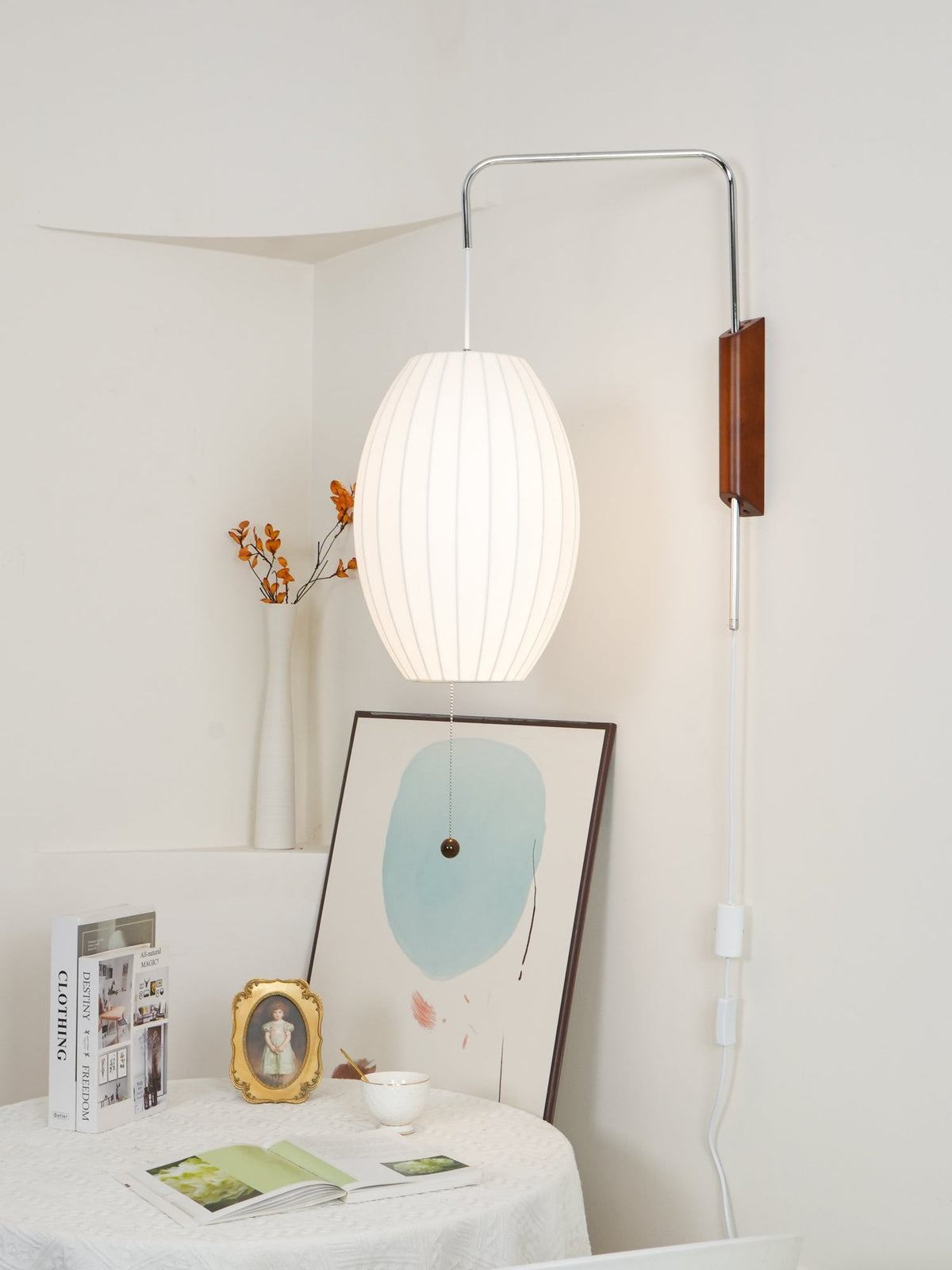 Swivel Sphere Wall Light with Adjustable Cord 15.7 in Walnut Chrome Finish Plug-In LED Sconce for Bedroom Office Living Room