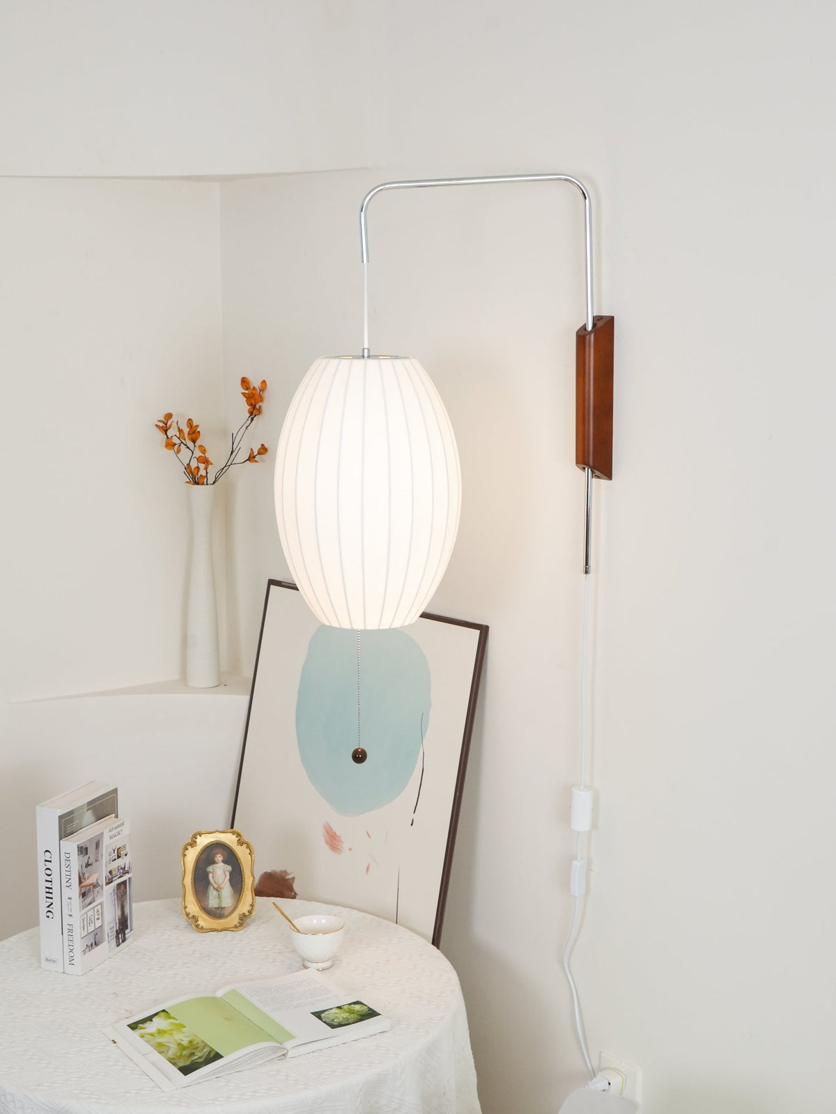Swivel Sphere Wall Light with Adjustable Cord 15.7 in Walnut Chrome Finish Plug-In LED Sconce for Bedroom Office Living Room