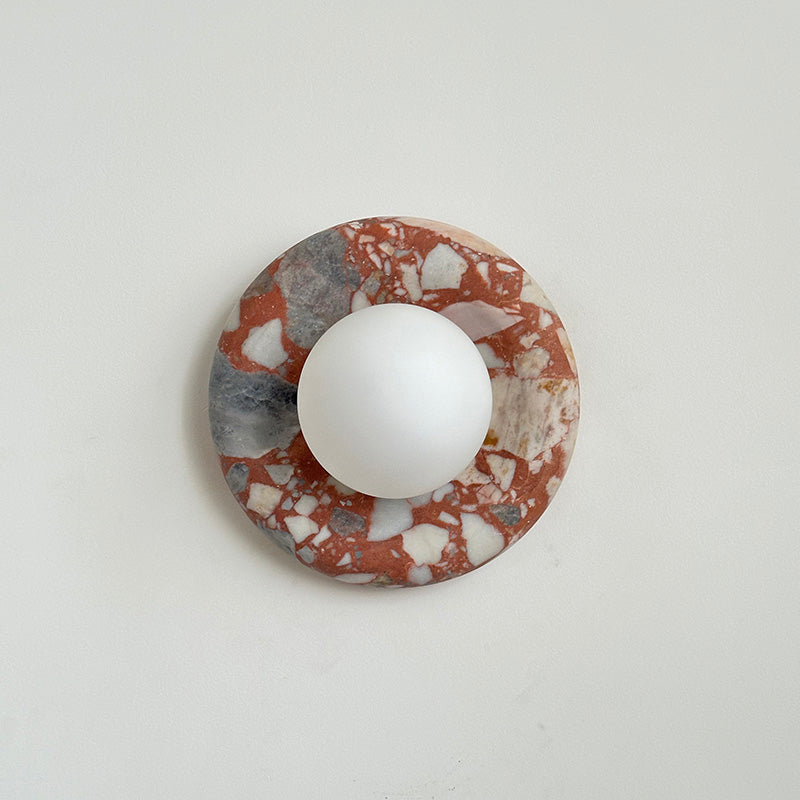 Round Glass Sconce with Natural Stone Backplate – 8-Inch Contemporary Fixture for Entryways, Bedrooms & Corridors