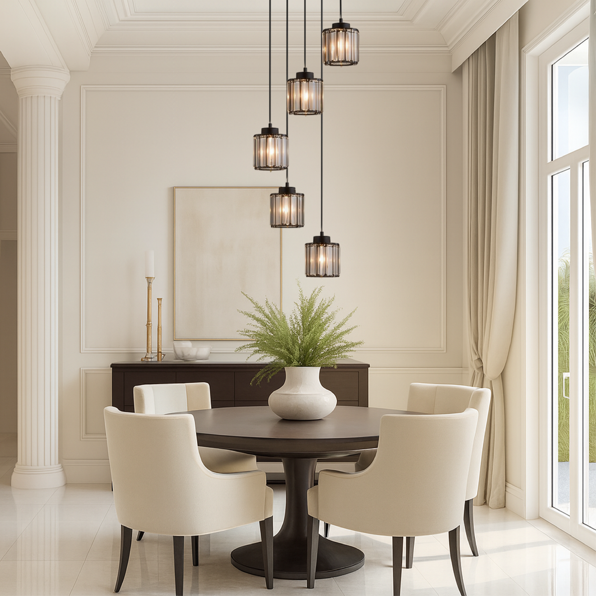 Multi-Tier Drop Chandelier for High Ceilings with Ribbed Glass Shades in Black Finish | Adjustable Vertical Lighting for Staircases, Foyers,