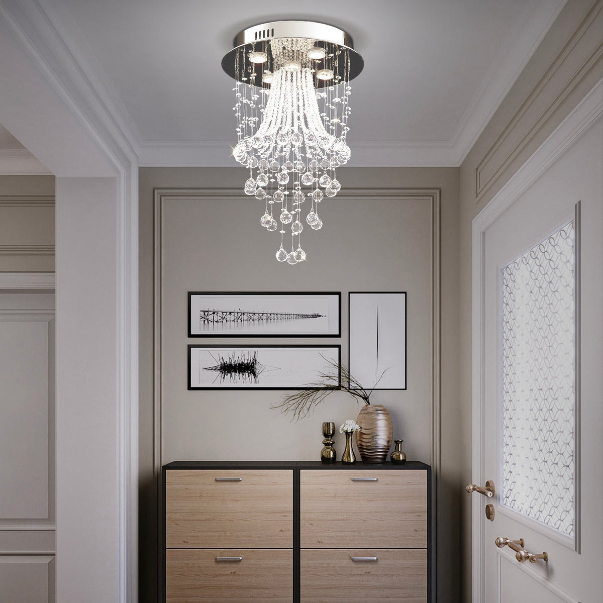 Chrome Ceiling Light with Cascading K9 Crystal Strands for Bedroom, Living Room & Hallway | 5-Light Flush Mount Fixture with GU10 Sockets