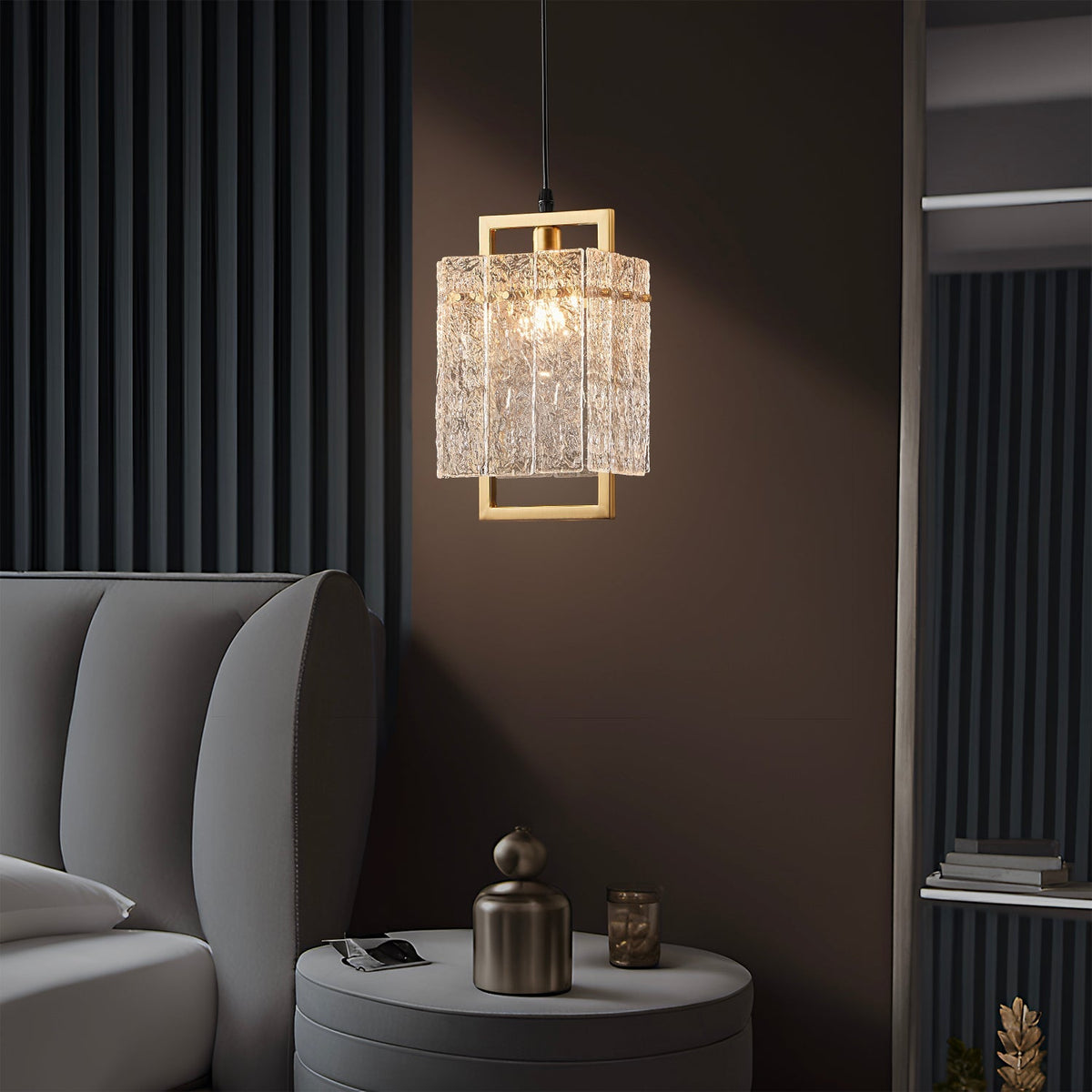 Square Cage Pendant Light Fixture with Textured Glass Shade & Gold Frame for Dining Room, Kitchen Island, Bedroom