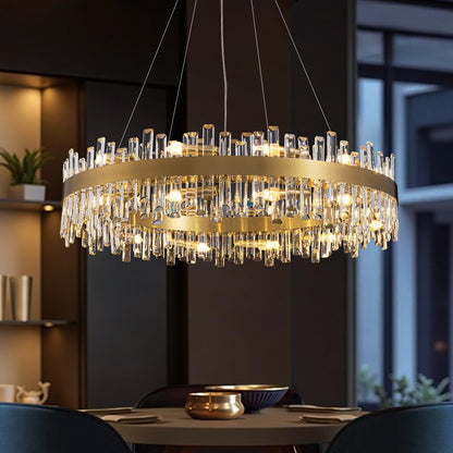 Round Crystal Chandelier Gold Metal 20-Inch Adjustable Height Ceiling Fixture Hanging Lights for Dining Tables Kitchen Islands Living Spaces