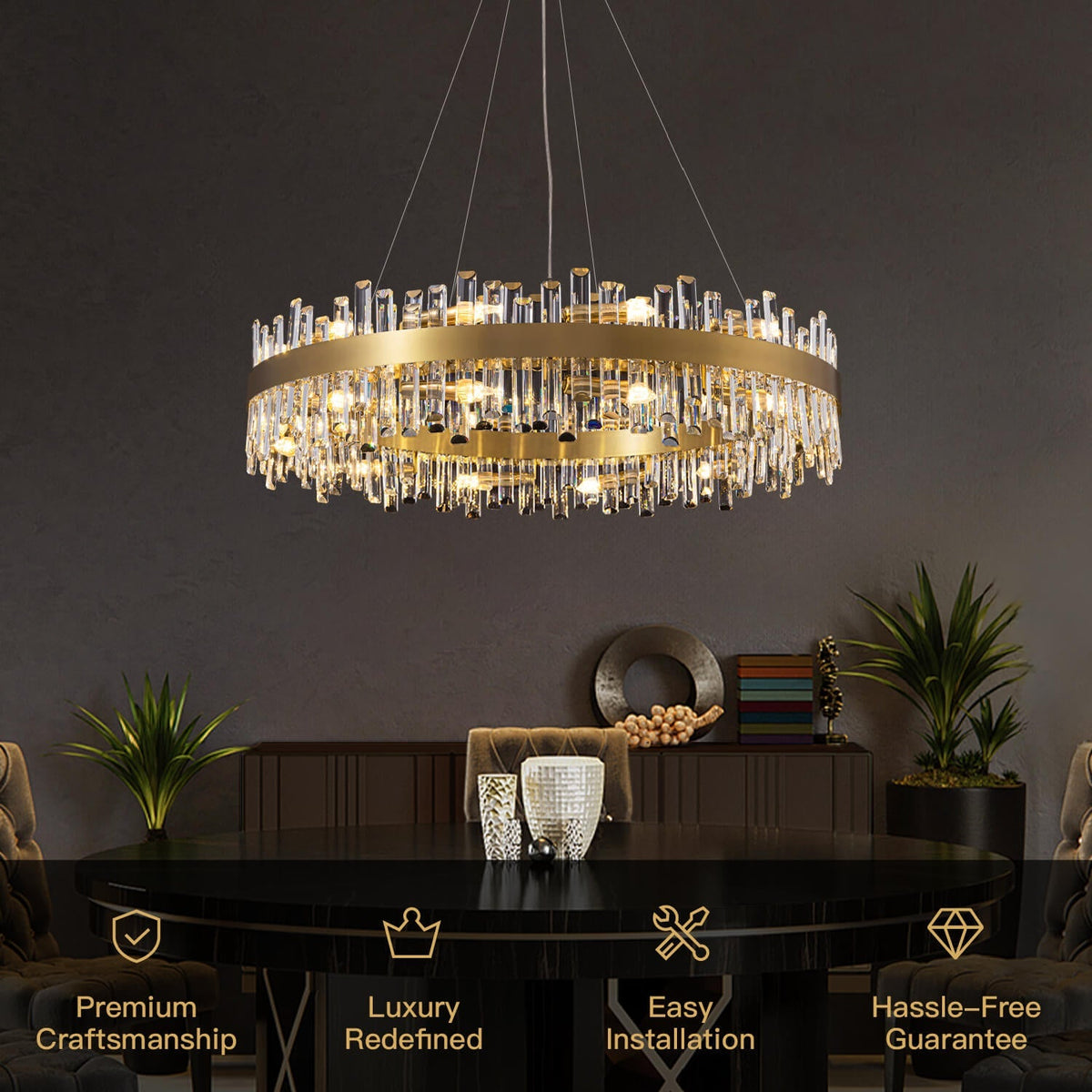 Round Crystal Chandelier Gold Metal 20-Inch Adjustable Height Ceiling Fixture Hanging Lights for Dining Tables Kitchen Islands Living Spaces