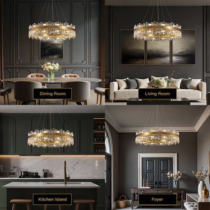 Tiered Crystal Chandelier with Gold Frame – Dining Room & Kitchen Island Ceiling Light – 19.7 to 39.4 inch diameter – Multi-Layer K9 Prism D