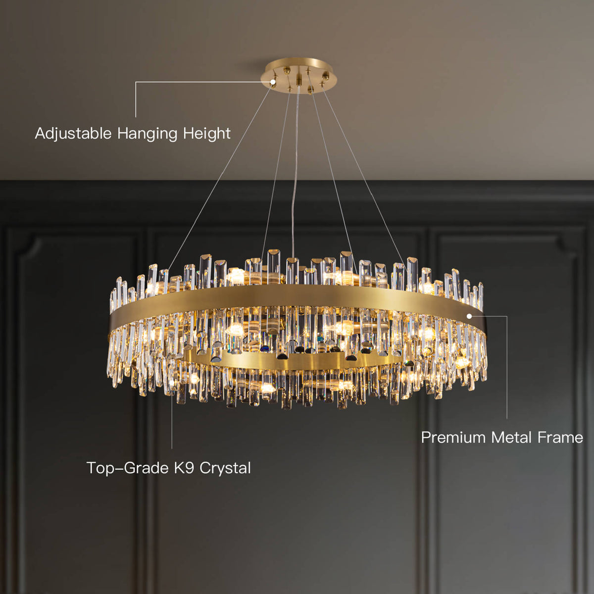 Tiered Crystal Chandelier with Gold Frame – Dining Room & Kitchen Island Ceiling Light – 19.7 to 39.4 inch diameter – Multi-Layer K9 Prism D