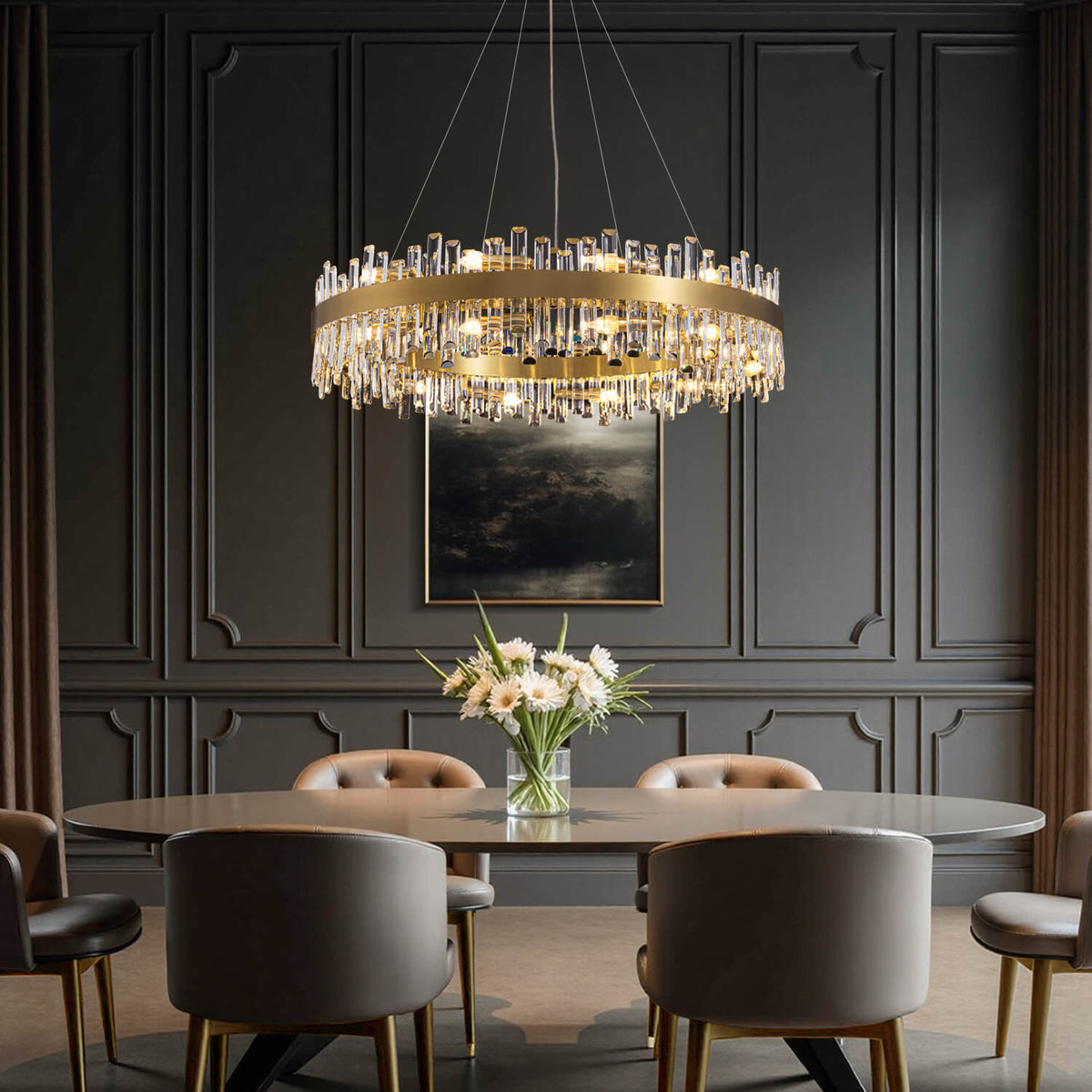 Tiered Crystal Chandelier with Gold Frame – Dining Room & Kitchen Island Ceiling Light – 19.7 to 39.4 inch diameter – Multi-Layer K9 Prism D