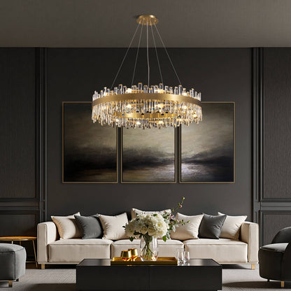 Round Crystal Chandelier Gold Metal 20-Inch Adjustable Height Ceiling Fixture Hanging Lights for Dining Tables Kitchen Islands Living Spaces